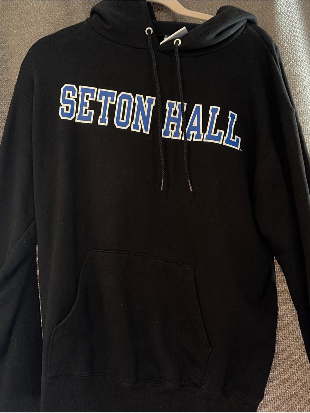 Champion Black Hoodie with Blue & White 'Seton Hall' Logo